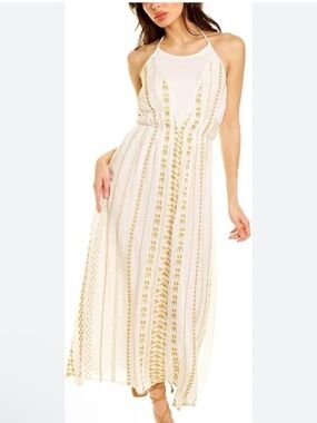 RAGA White Maxi Dress with Gold Embroidered Stripes
